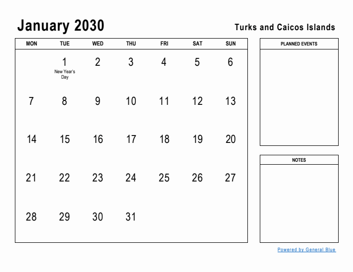 January 2030 Printable Monthly Calendar with Turks and Caicos Islands Holidays