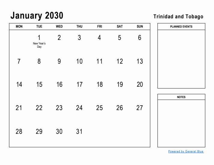 January 2030 Printable Monthly Calendar with Trinidad and Tobago Holidays