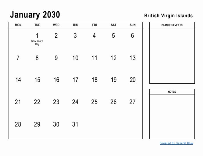 January 2030 Printable Monthly Calendar with British Virgin Islands Holidays