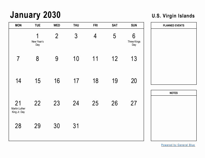 January 2030 Printable Monthly Calendar with U.S. Virgin Islands Holidays