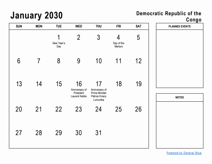 January 2030 Printable Monthly Calendar with Democratic Republic of the Congo Holidays