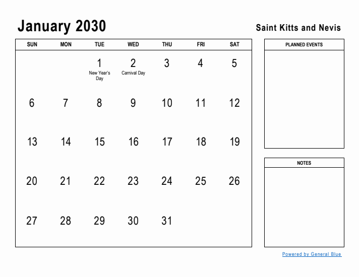 January 2030 Printable Monthly Calendar with Saint Kitts and Nevis Holidays