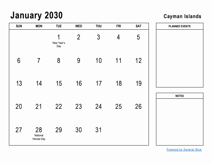 January 2030 Printable Monthly Calendar with Cayman Islands Holidays