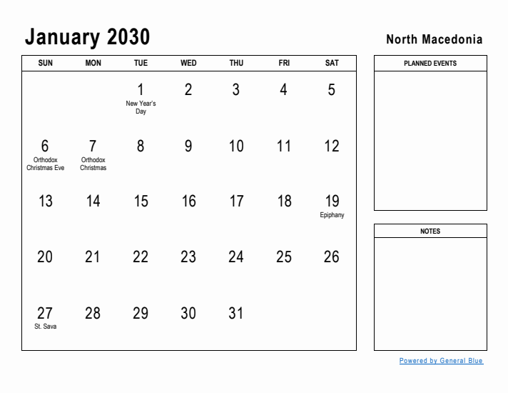 January 2030 Printable Monthly Calendar with North Macedonia Holidays