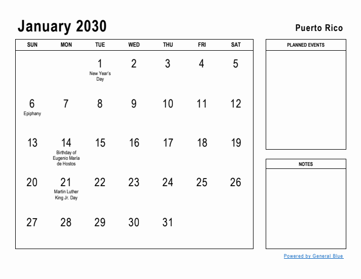 January 2030 Printable Monthly Calendar with Puerto Rico Holidays