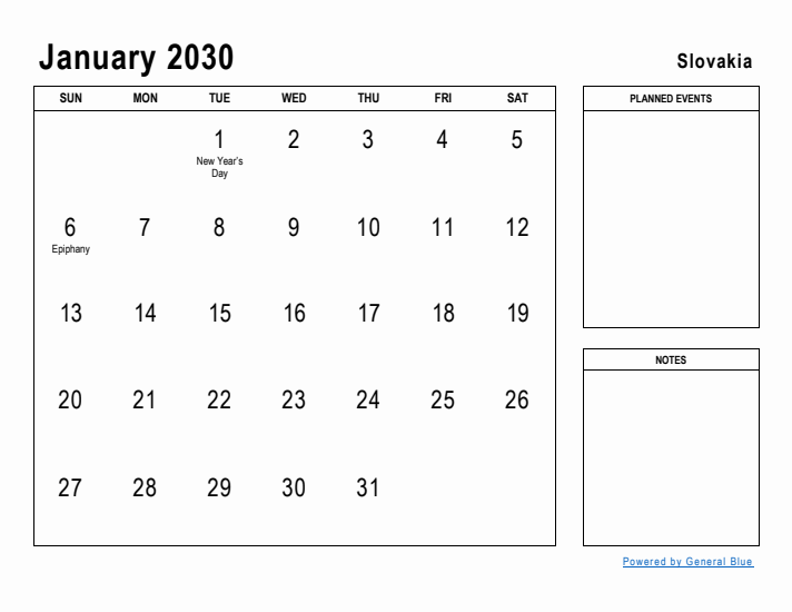 January 2030 Printable Monthly Calendar with Slovakia Holidays