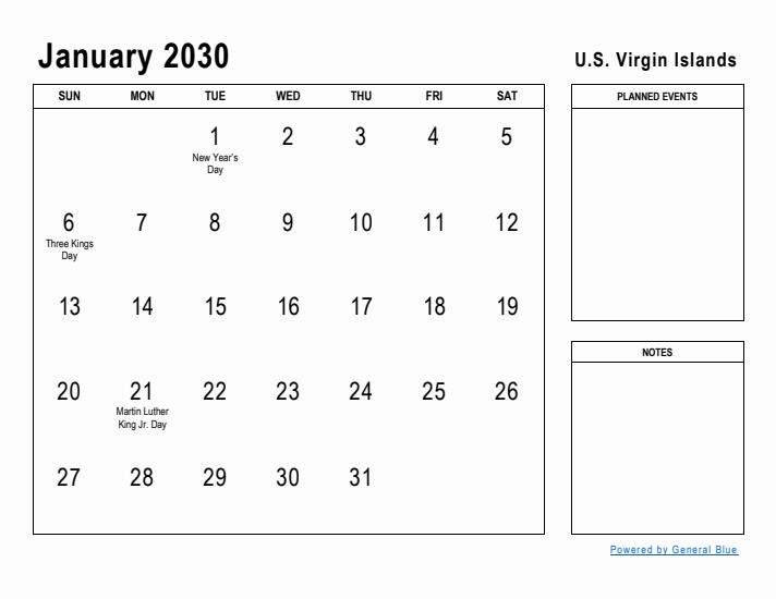 January 2030 Printable Monthly Calendar with U.S. Virgin Islands Holidays