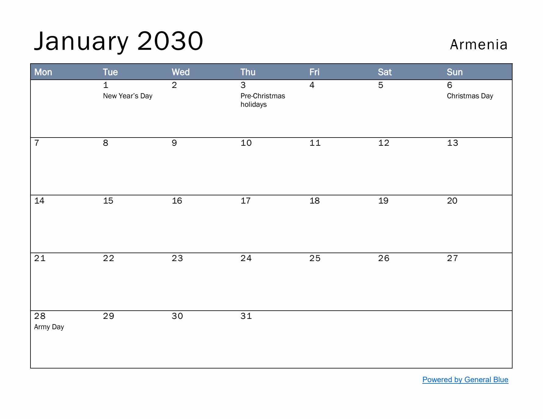 January 2030 Simple Monthly Calendar for Armenia