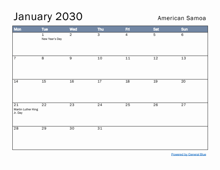 January 2030 Simple Monthly Calendar for American Samoa