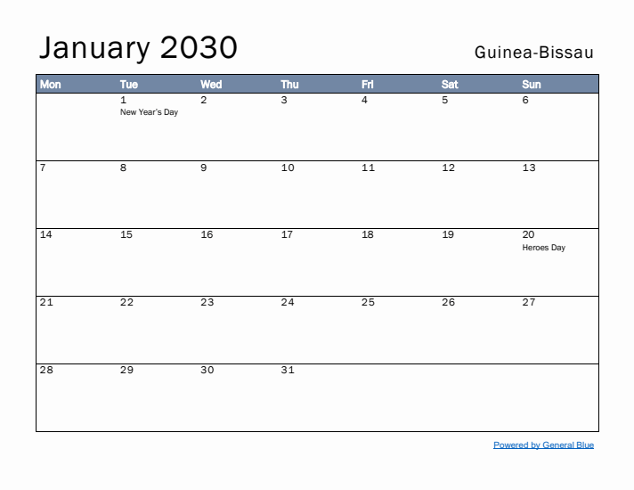 January 2030 Simple Monthly Calendar for Guinea-Bissau