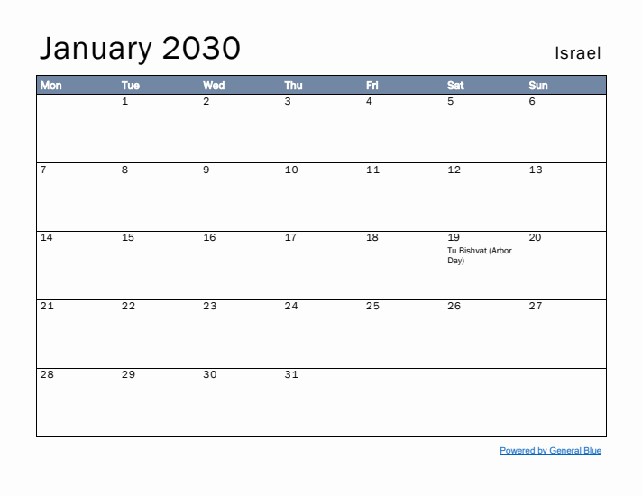 January 2030 Simple Monthly Calendar for Israel