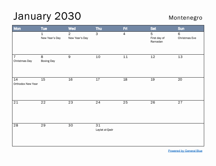 January 2030 Simple Monthly Calendar for Montenegro