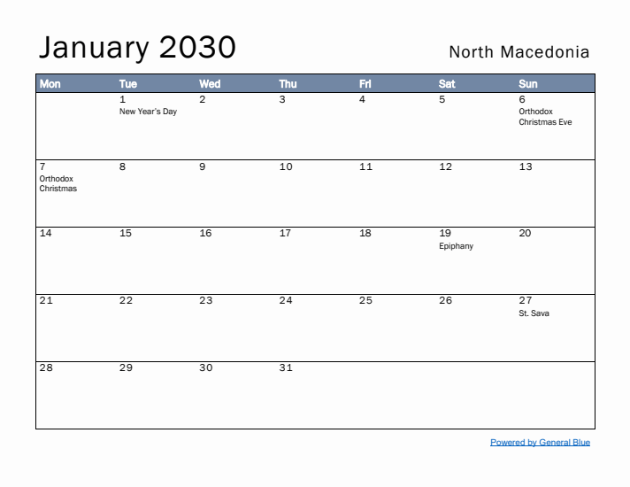 January 2030 Simple Monthly Calendar for North Macedonia