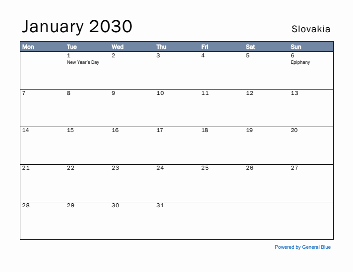 January 2030 Simple Monthly Calendar for Slovakia