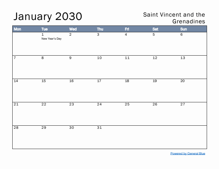 January 2030 Simple Monthly Calendar for Saint Vincent and the Grenadines