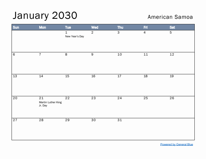 January 2030 Simple Monthly Calendar for American Samoa
