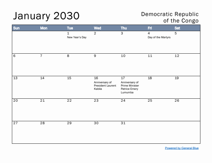 January 2030 Simple Monthly Calendar for Democratic Republic of the Congo