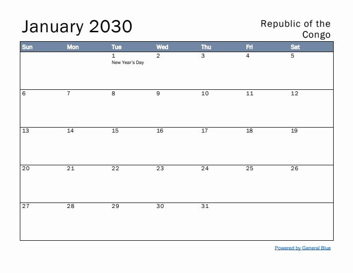 January 2030 Simple Monthly Calendar for Republic of the Congo