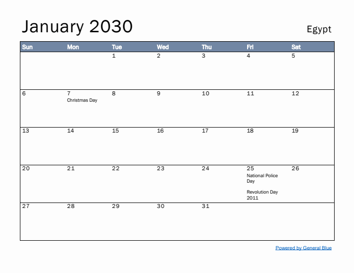January 2030 Simple Monthly Calendar for Egypt