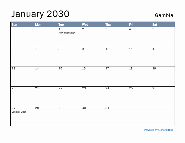January 2030 Simple Monthly Calendar for Gambia