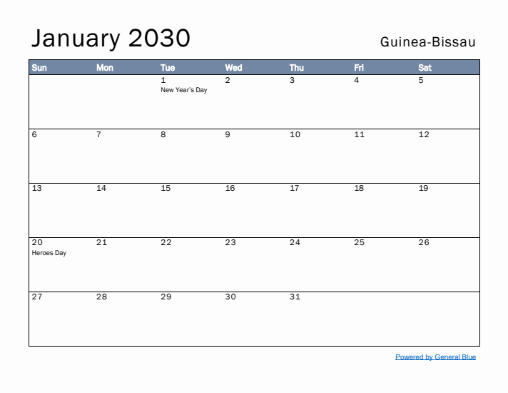 January 2030 Simple Monthly Calendar for Guinea-Bissau