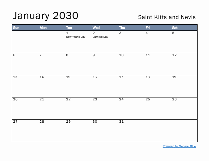 January 2030 Simple Monthly Calendar for Saint Kitts and Nevis