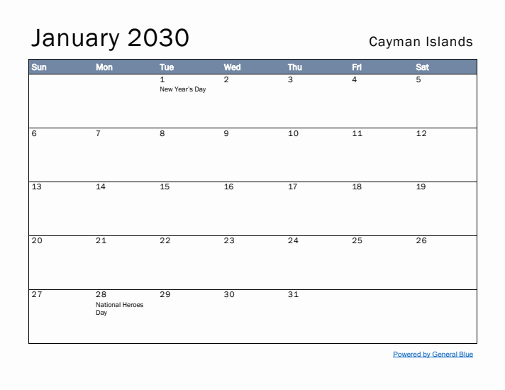 January 2030 Simple Monthly Calendar for Cayman Islands