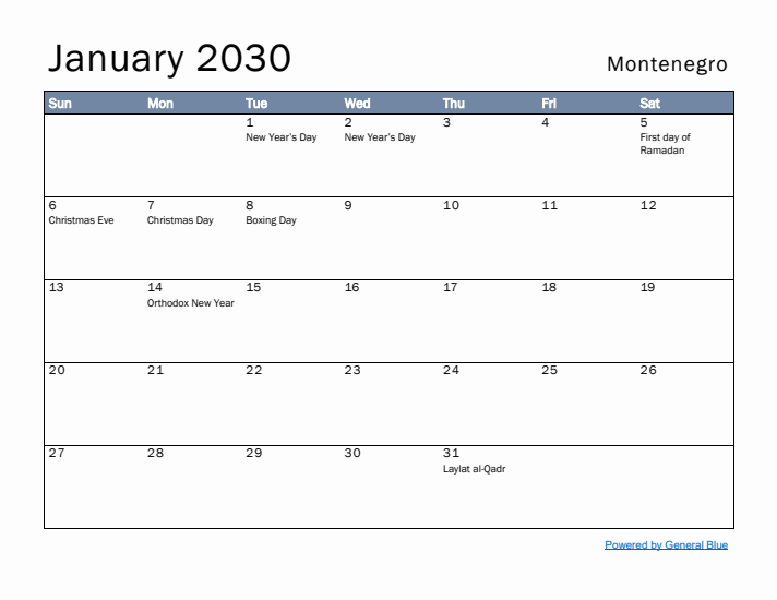 January 2030 Simple Monthly Calendar for Montenegro