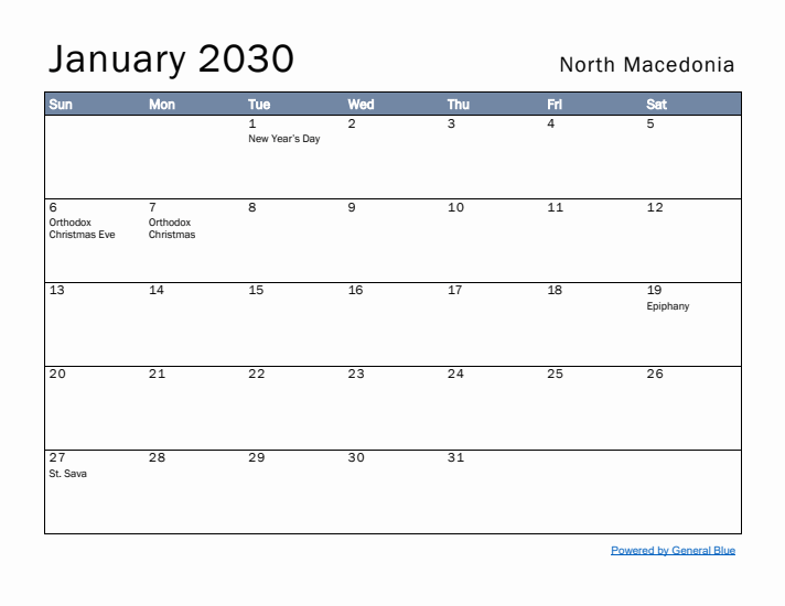 January 2030 Simple Monthly Calendar for North Macedonia