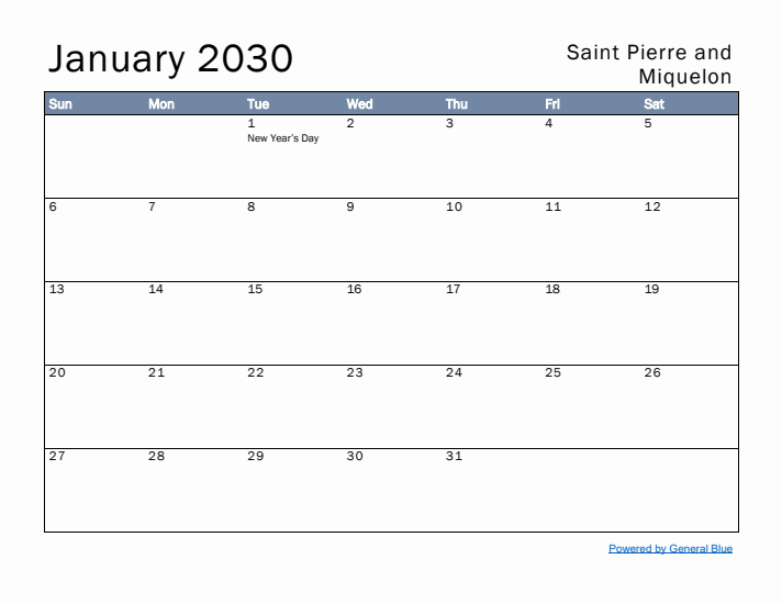 January 2030 Simple Monthly Calendar for Saint Pierre and Miquelon