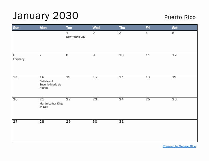 January 2030 Simple Monthly Calendar for Puerto Rico