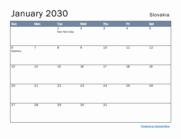 January 2030 Simple Monthly Calendar for Slovakia