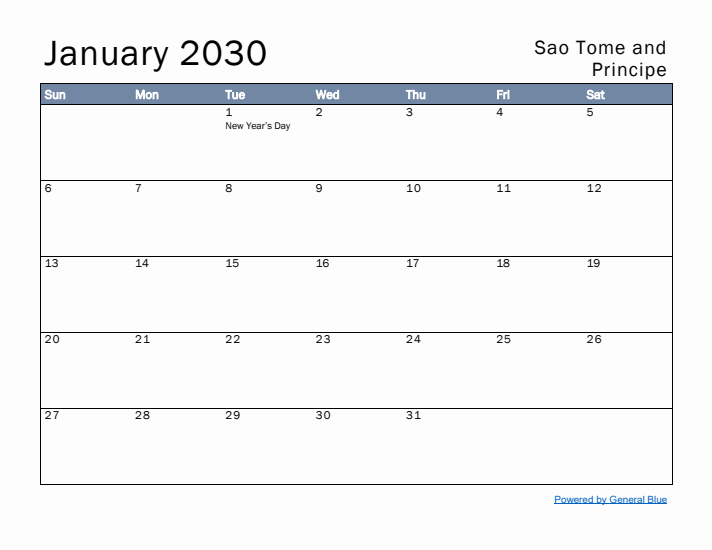 January 2030 Simple Monthly Calendar for Sao Tome and Principe