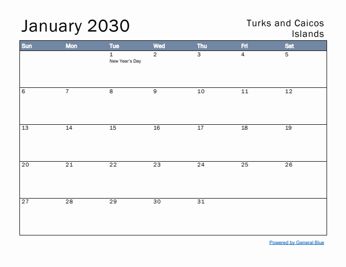 January 2030 Simple Monthly Calendar for Turks and Caicos Islands