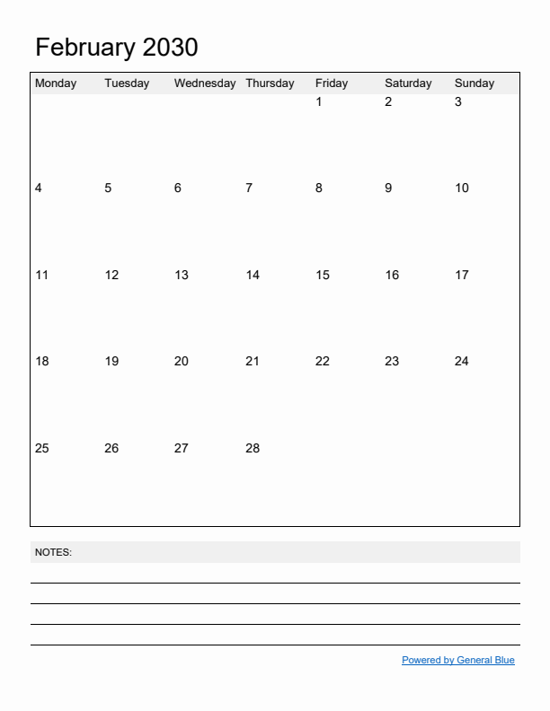 Basic Monthly Calendar Template for February 2030