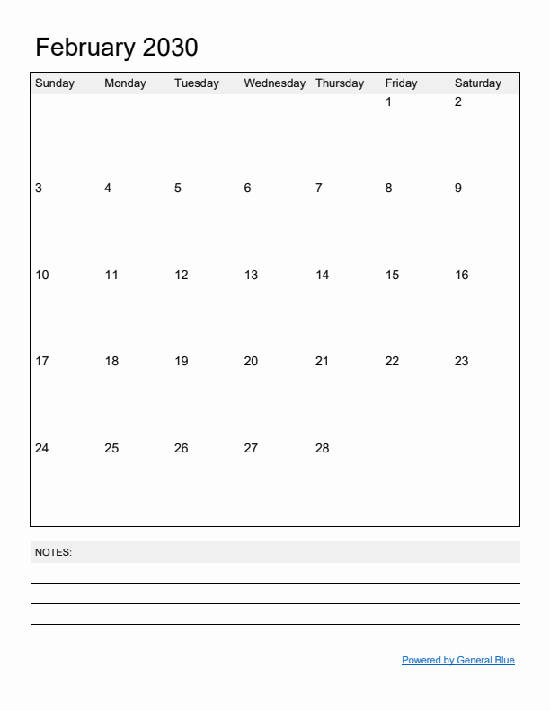 Basic Monthly Calendar Template for February 2030