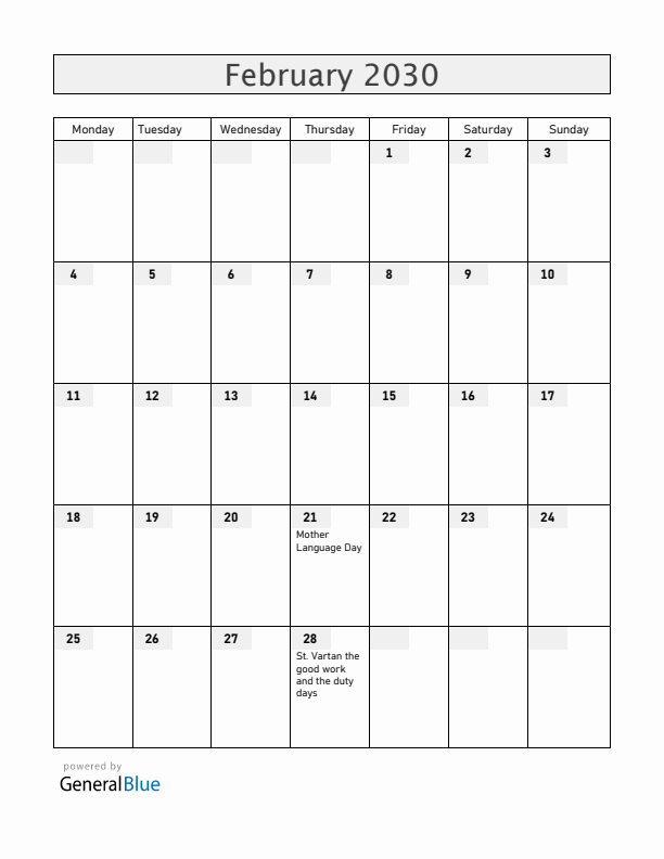 Armenia February 2030 Calendar with Holidays