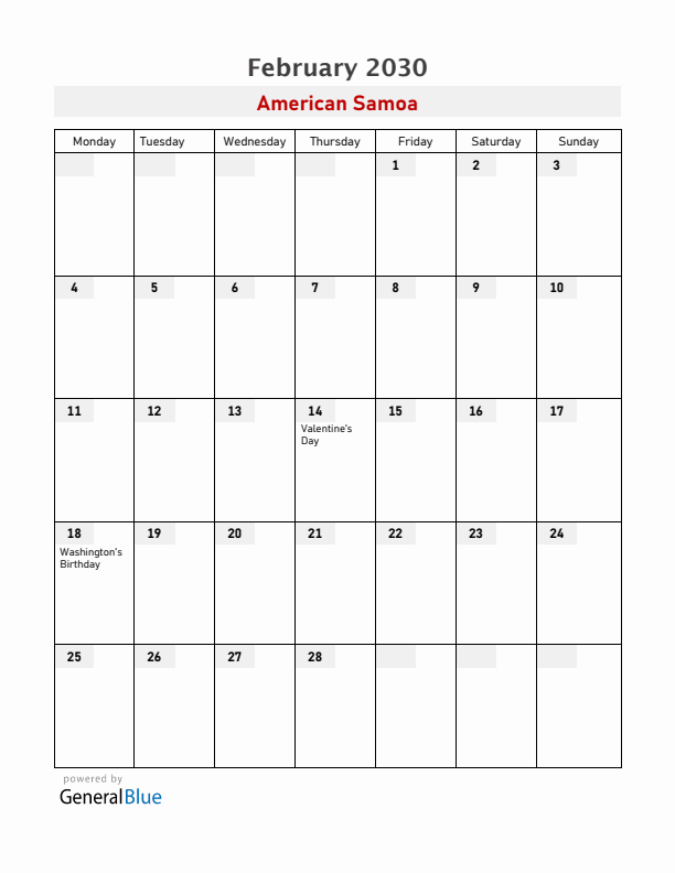 American Samoa February 2030 Calendar with Holidays