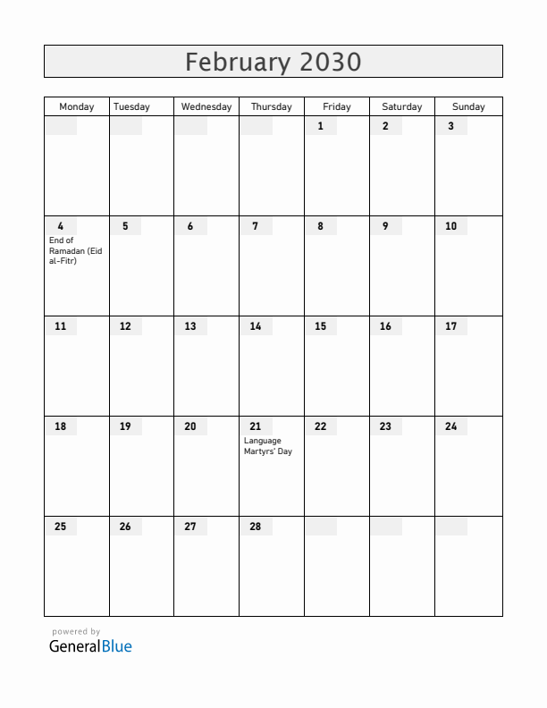 Bangladesh February 2030 Calendar with Holidays