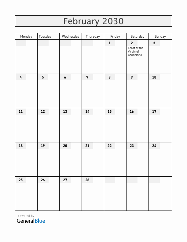 Bolivia February 2030 Calendar with Holidays