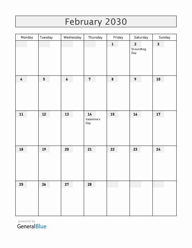 Canada February 2030 Calendar with Holidays