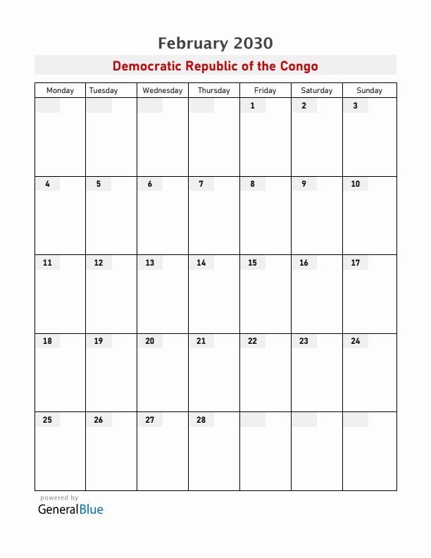 Democratic Republic of the Congo February 2030 Calendar with Holidays