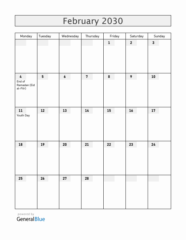 Cameroon February 2030 Calendar with Holidays