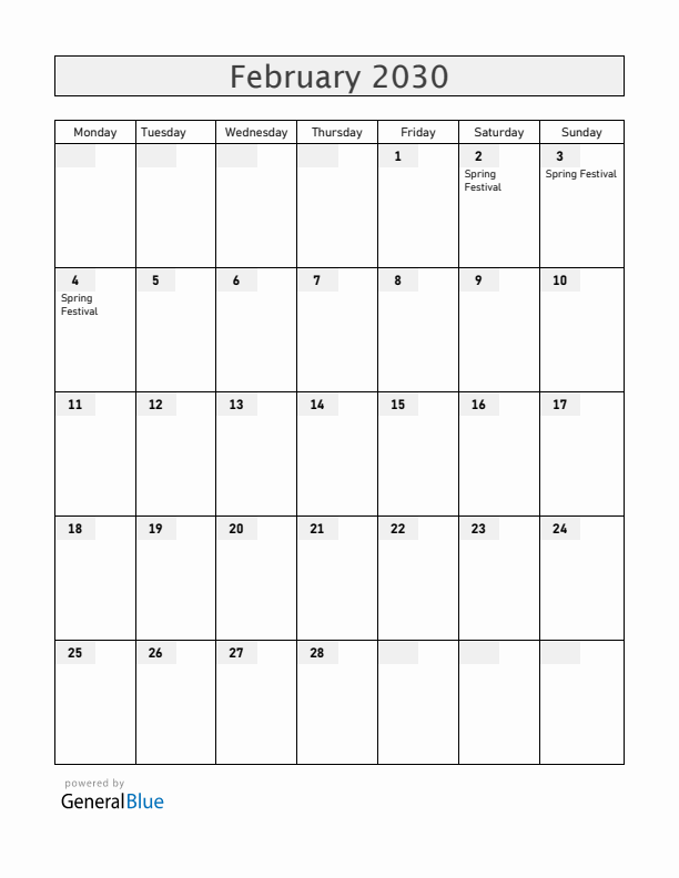 China February 2030 Calendar with Holidays