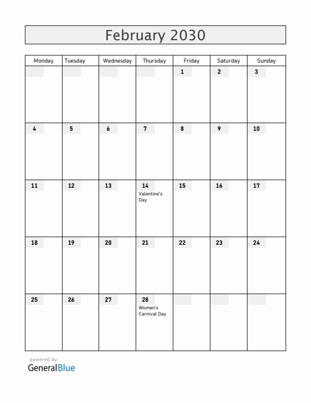 Germany February 2030 Calendar with Holidays