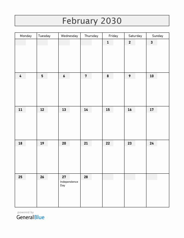 Dominican Republic February 2030 Calendar with Holidays