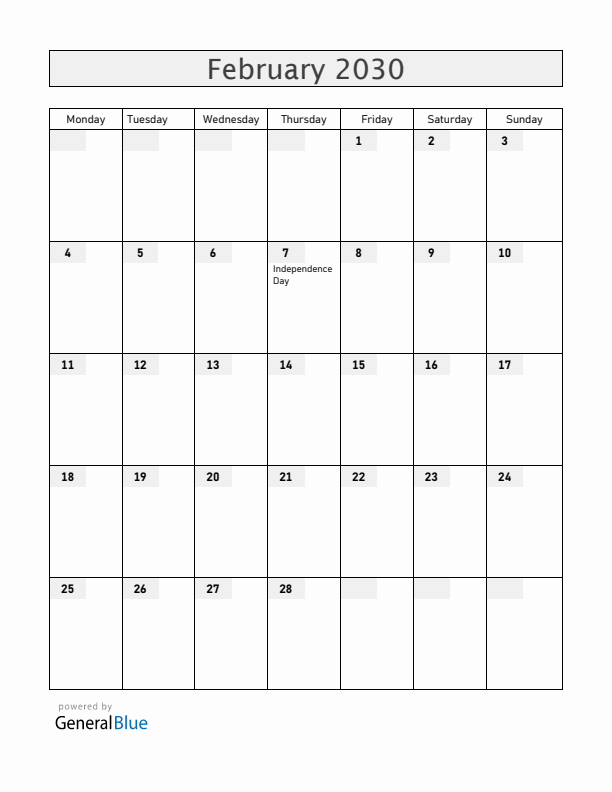 Grenada February 2030 Calendar with Holidays