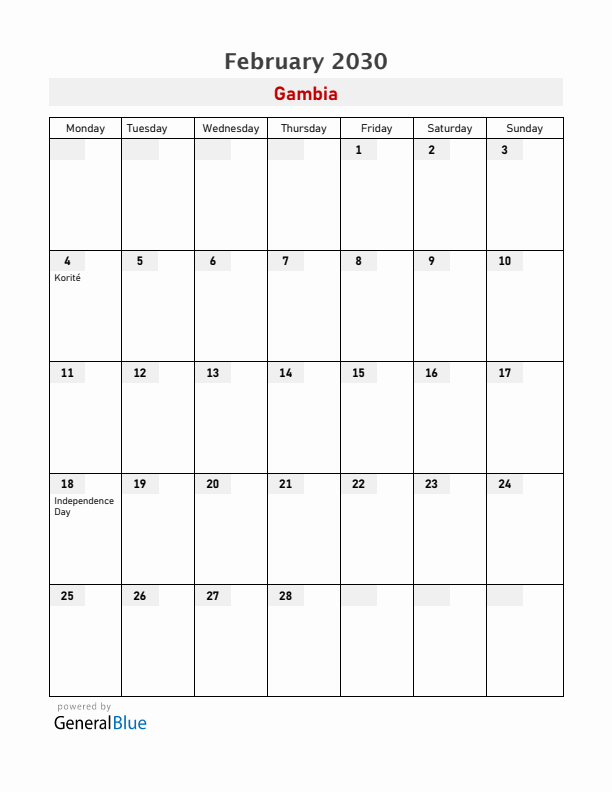 Gambia February 2030 Calendar with Holidays