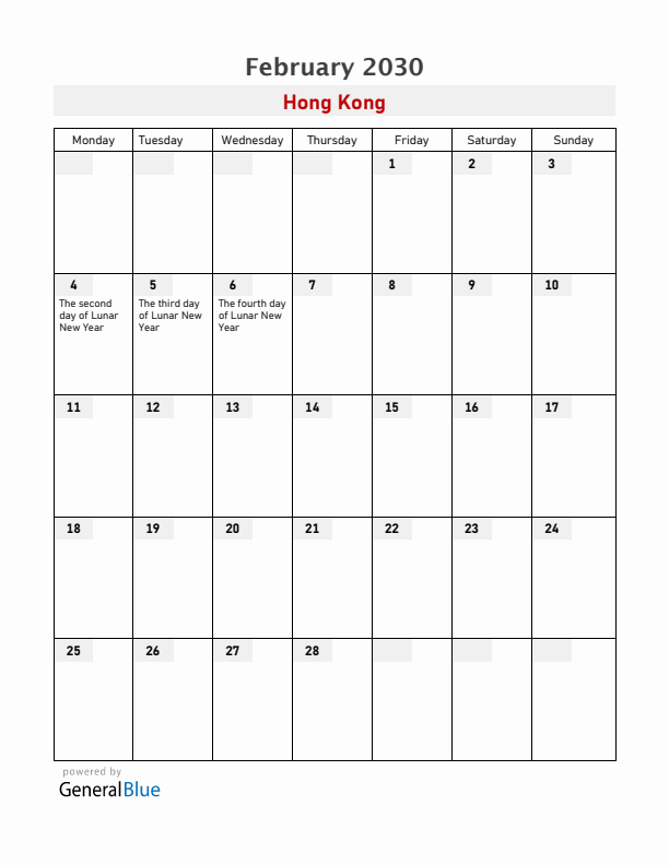 Hong Kong February 2030 Calendar with Holidays