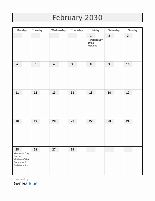 Hungary February 2030 Calendar with Holidays